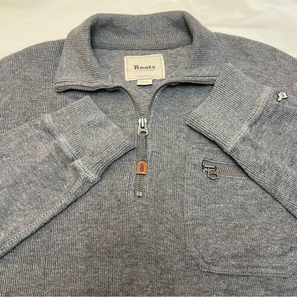 Roots Vintage Heather Grey Quarter Zip Sweater Mens Medium Cotton 80’s Look